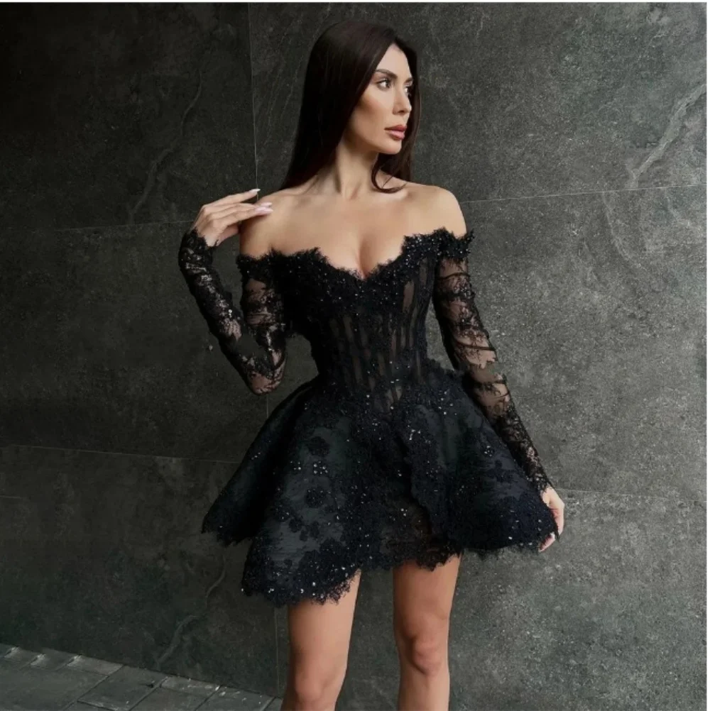 Vestido de graduación de encaje negro con hombros descubiertos, minivestido de cóctel corto con Apliques de encaje, vestido de fiesta Sepcial de cuentas, vestido de regreso a casa, nuevo