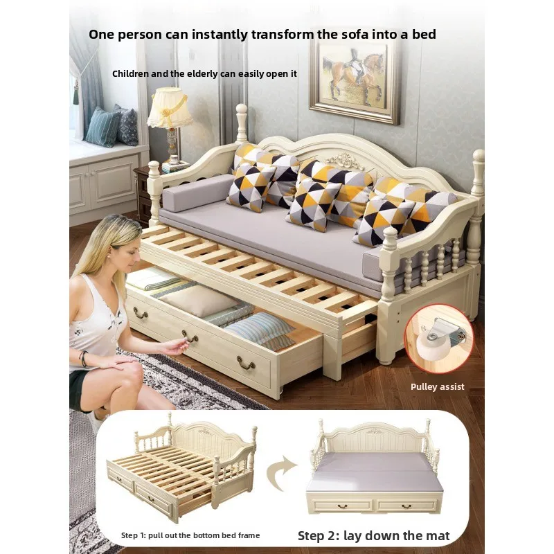 European solid wood sofa bed, dual-purpose folding living room multi-functional double single bed, new small  pull-out bed