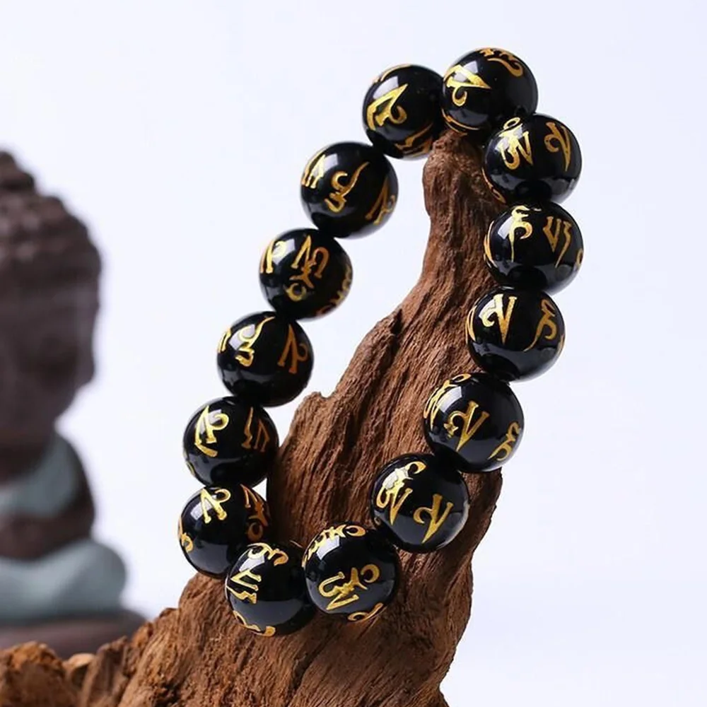 Natural Obsidian Beads Six Character Mantra Bracelet Lucky Wealth Bangle Buddhist Accessories Meditation Blessing Amulet Jewelry