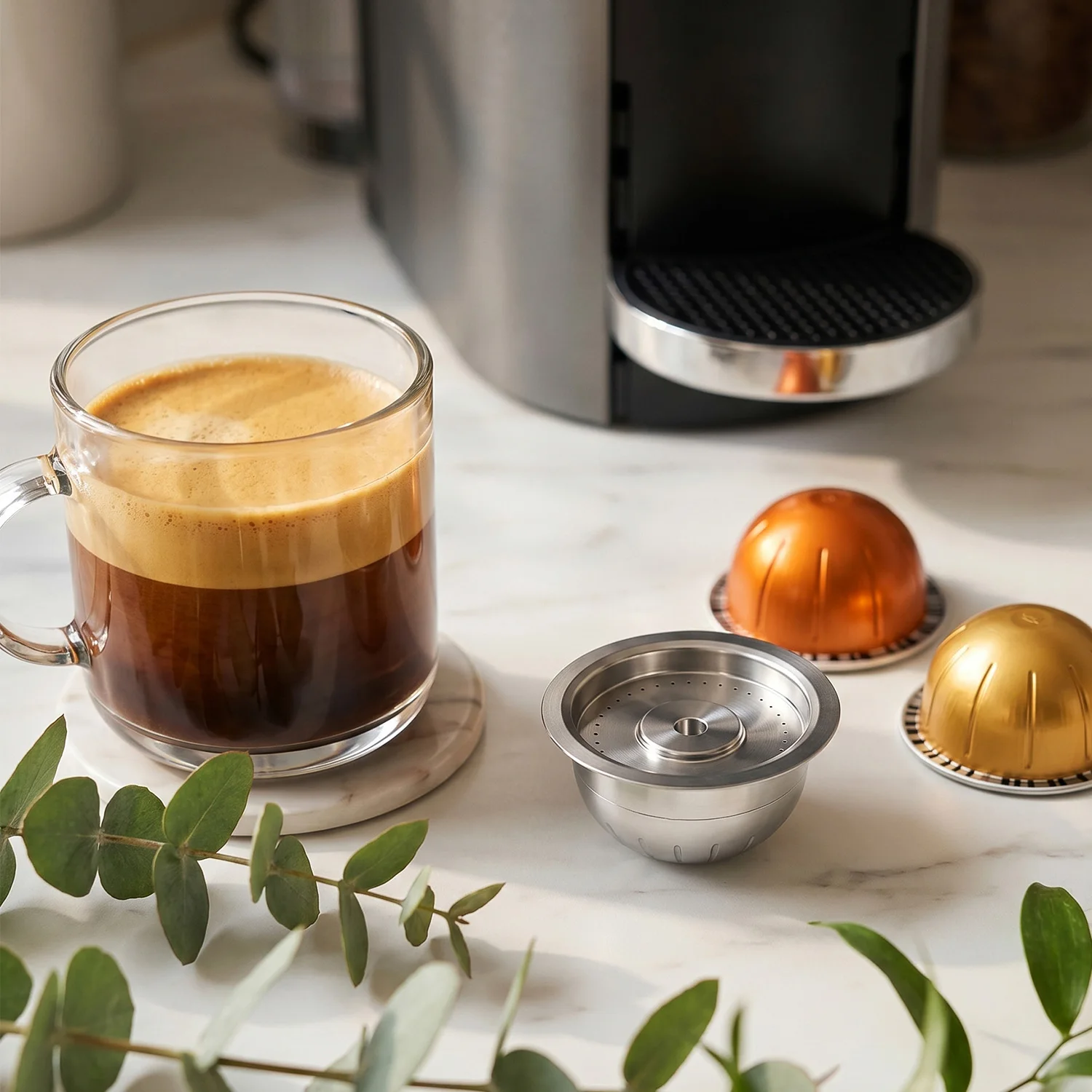 Stainless Steel Reusable Coffee Capsule for Nespresso Vertuo Plus, Refillable Vertuo Pods with Silicone Lid, Coffee Filter Kit