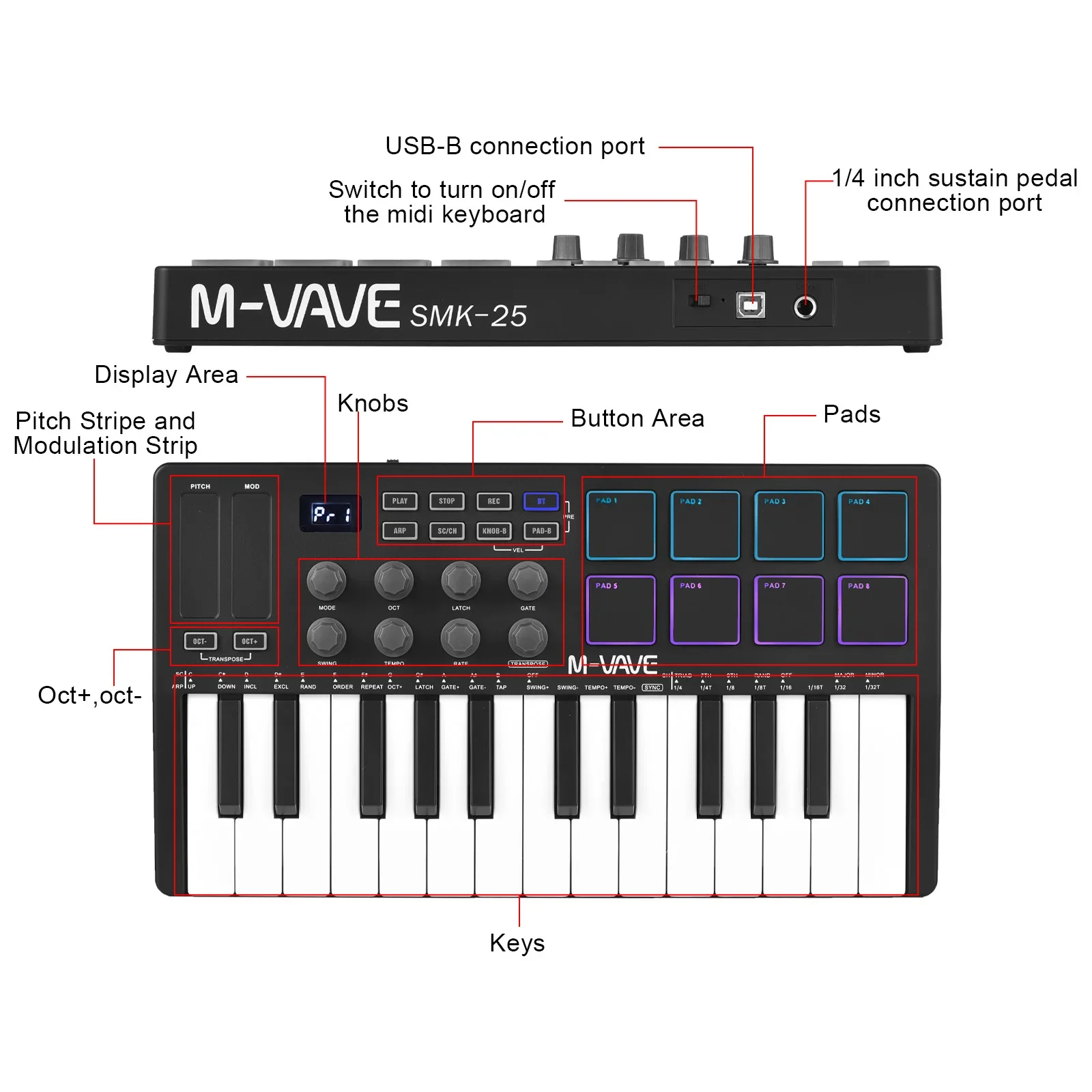 미니 휴대용 USB 키보드 MIDI 컨트롤러, 25 개 속도 민감 키, 8 RGB 백라이트 패드