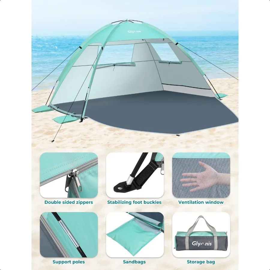 Tenda da spiaggia Riparo solare per 3 persone con protezione UV UPF 50+ Leggero e facile installazione Tettuccio parasole da spiaggia con finestre di sfiato Zipp