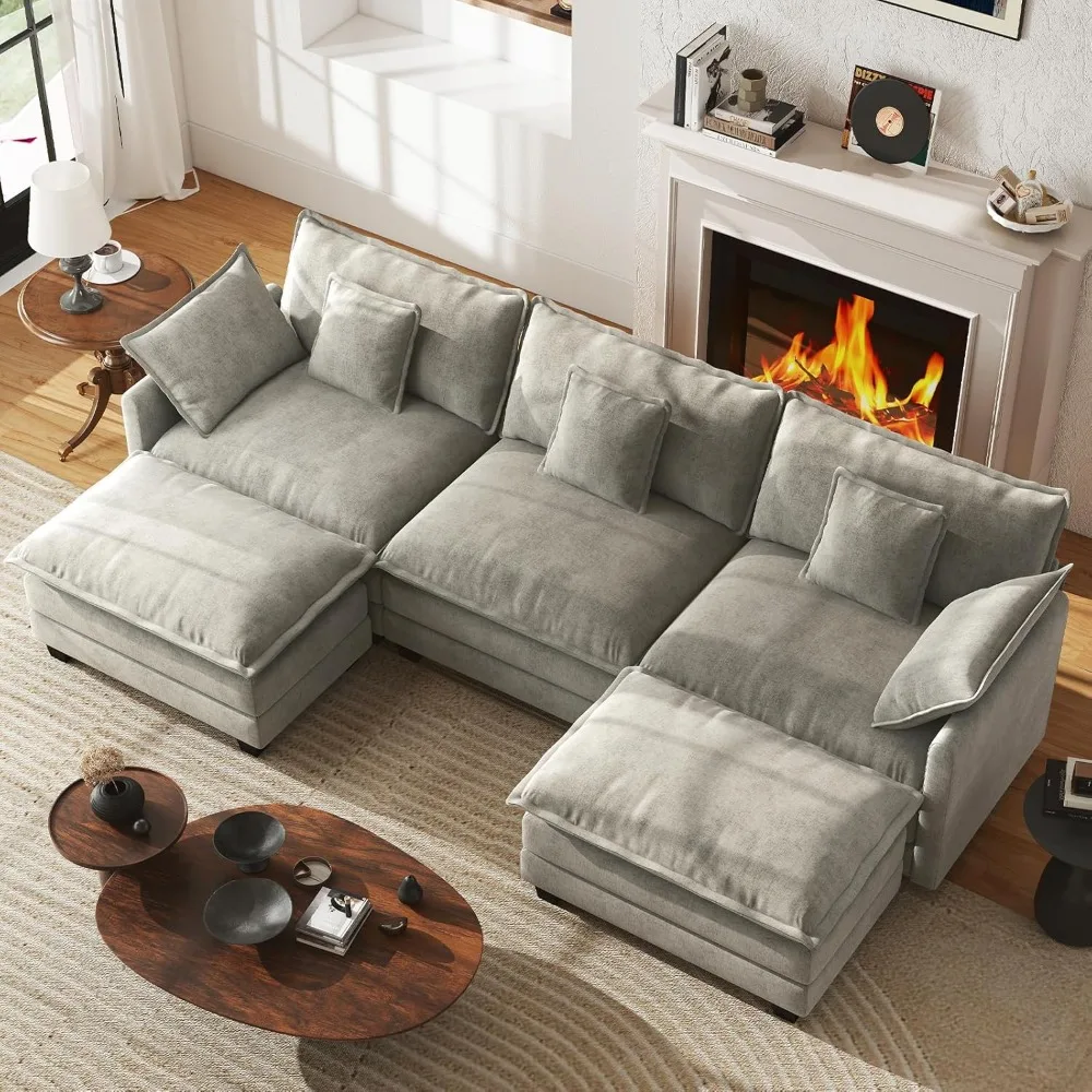 

111.4” Modular Sectional Sofa, U Shape Cloud Couch with 2 Movable Ottoman, Comfy Chenille Deep Seat Sofa with Soft Pillows