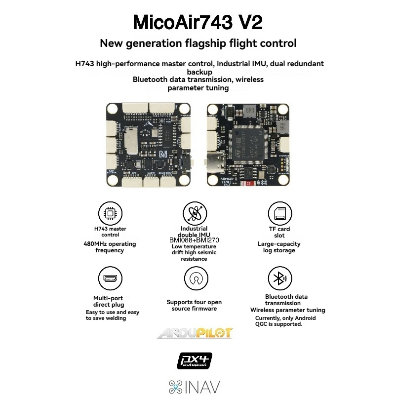 MicoAir743 V2 비행 컨트롤러 듀얼 IMU 블루투스 튜닝 APM PX4 INAV 베타플라이트 펌웨어 지원 RC 드론용
