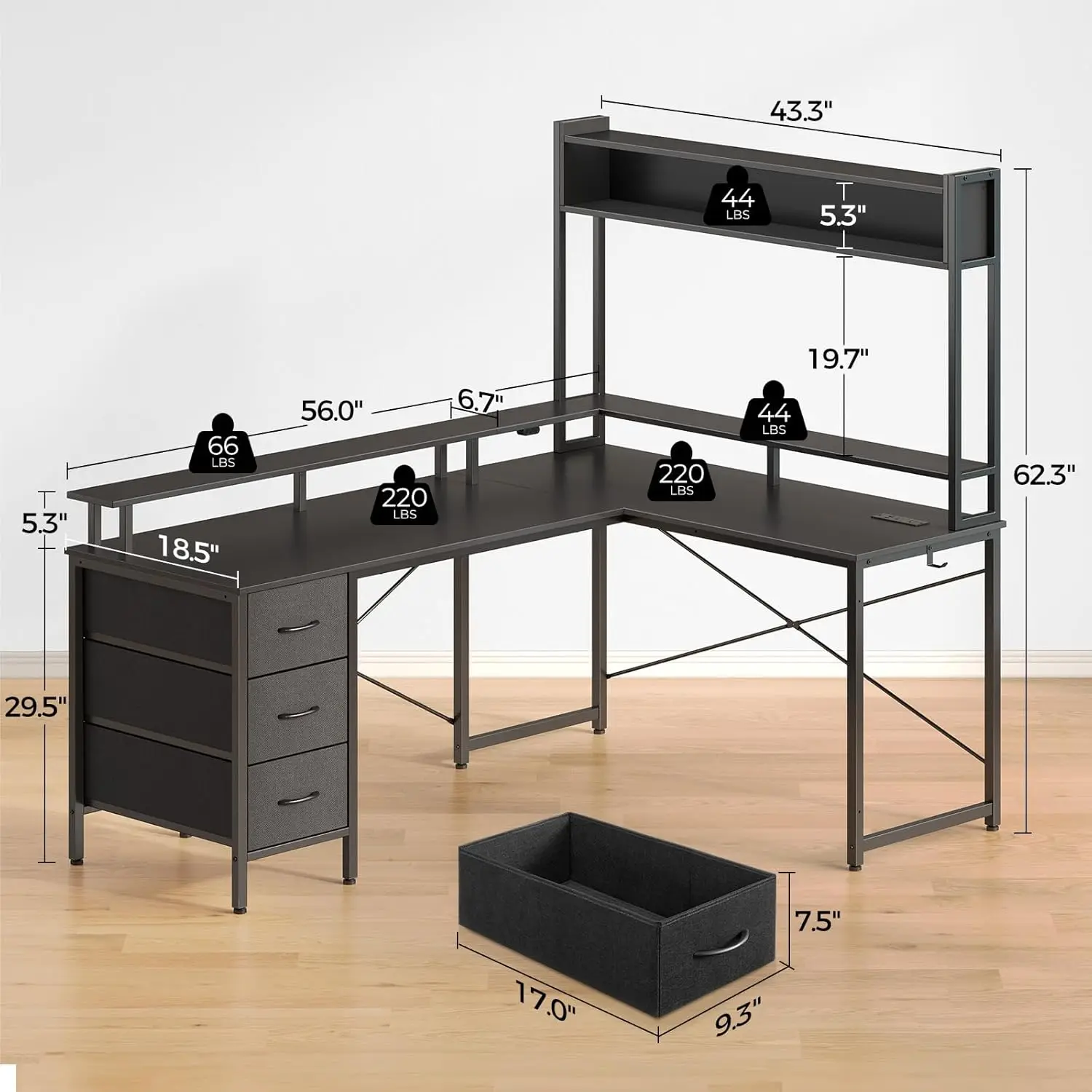 L Shaped Gaming Desk com gavetas, mesa do computador reversível com luzes LED e Power Outlet, Home Office Desk