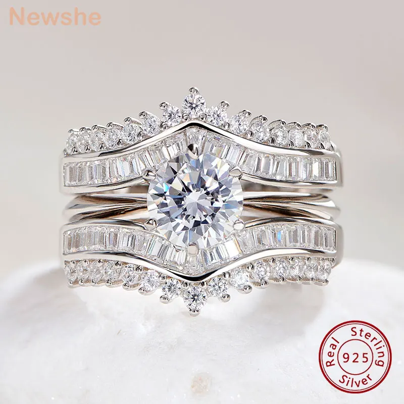 Newshe-Conjunto de anillos de compromiso de Plata de Ley 925 auténtica, potenciador de corte redondo, Circonia cúbica AAAAA, joyería nupcial de boda para mujer