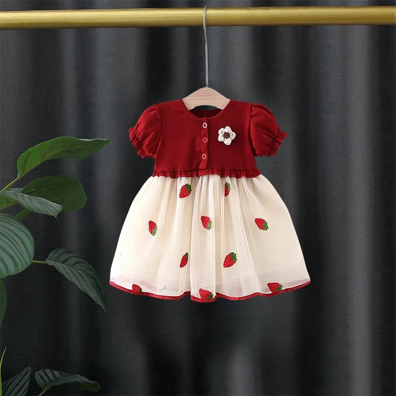 

Summer Bubble Sleeve Dress For Girls' Children's Clothing 0-2 Years Old Baby Girl Strawberry Mesh Birthday Party Princess Dress