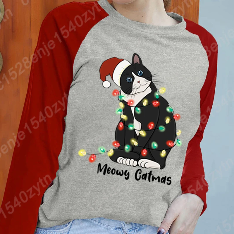 S-XXL Plus Size Tops Autumn And Winter Clothes Women Pullover Christmas Light Cat Meowy Catmas Print Ladies Pullover Sweatshirts