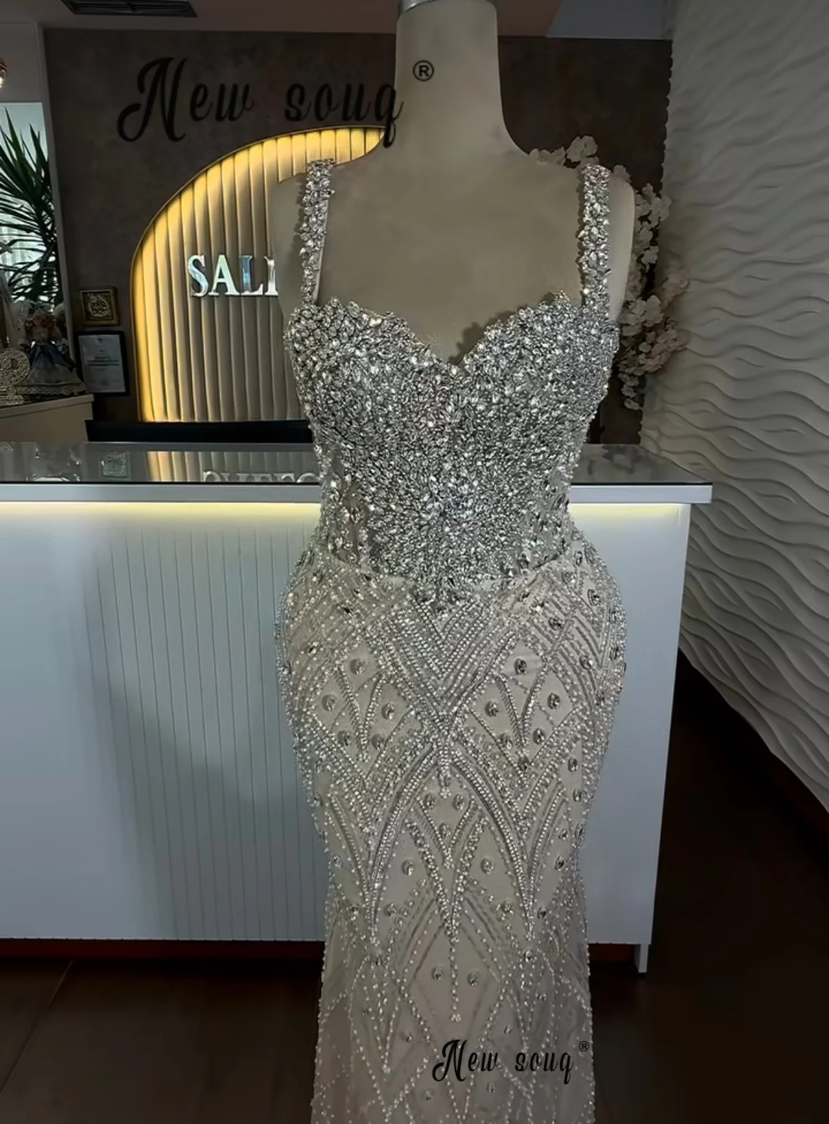 Silver Nude Champagne Prom Dresses Straps Mermaid Floor Length Wedding Party Gowns Arabic Customized Pageant Night Evening Dress view 3