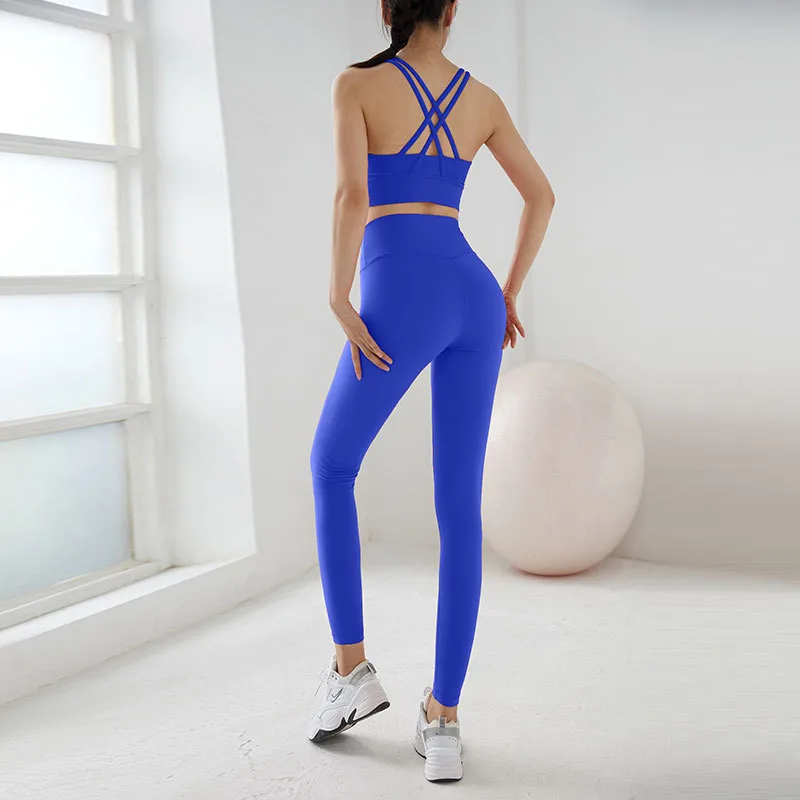 

Solid Color Comprehensive Training Jog Gym Fitness Yoga Set Soft Cross Back Sports Bra +leggings Two Piece Suit Women Tracksuit