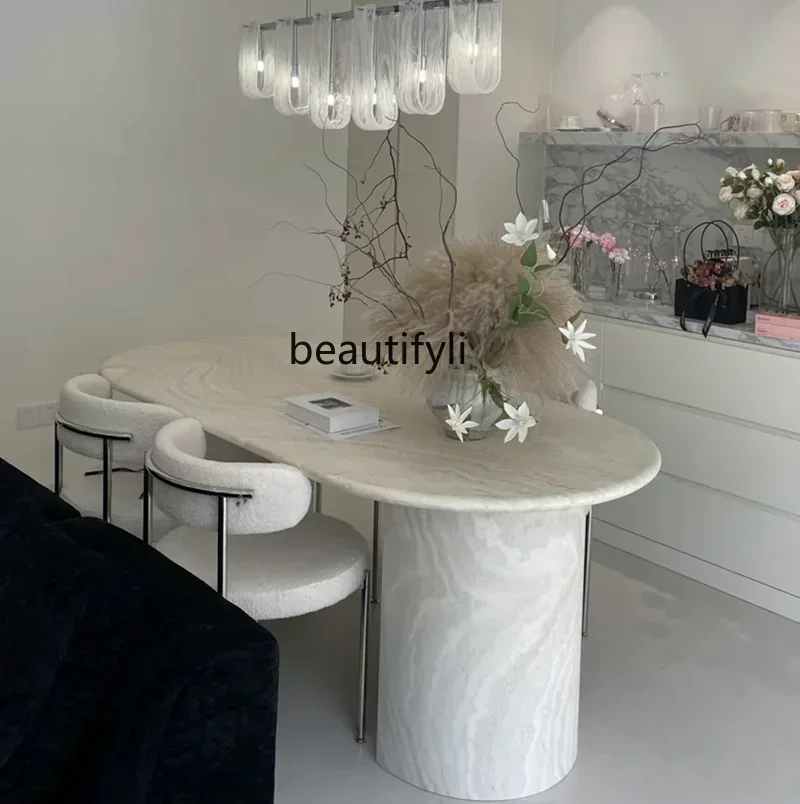 

French Natural Ultra-white Travertine Dining Table Oval Marble Dining Table Retro Square Dining Table