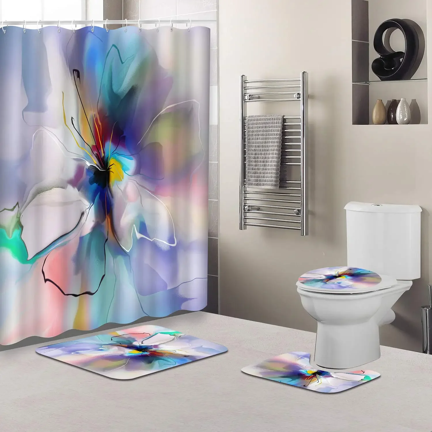 Watercolor Multi-Color Flowers Shower Curtain Sets Non-Slip Rug Toilet Lid Cover Bath Mat Waterproof Abstract Bathroom Curtains