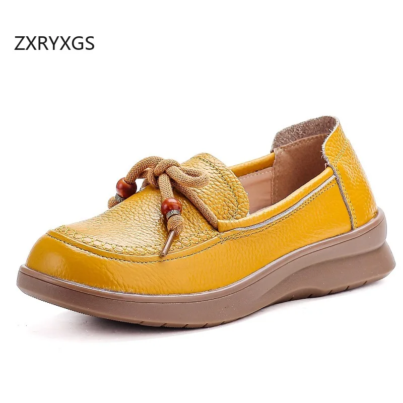 ZXRYXGS Promotion New Soft Cowhide Bow Beading Women Trendy Shoes Flat Thick Sole Comfortable Elegant Real Leather Shoes 2026