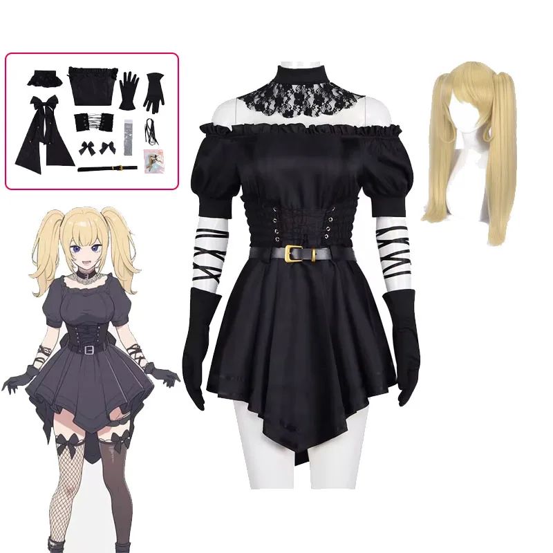 غروك أاني الظاهري صديقة تأثيري حلي شعر مستعار عاني القوطية فستان أسود قفازات الجوارب الزي Y2k امرأة حفلة الهالوين تمويه