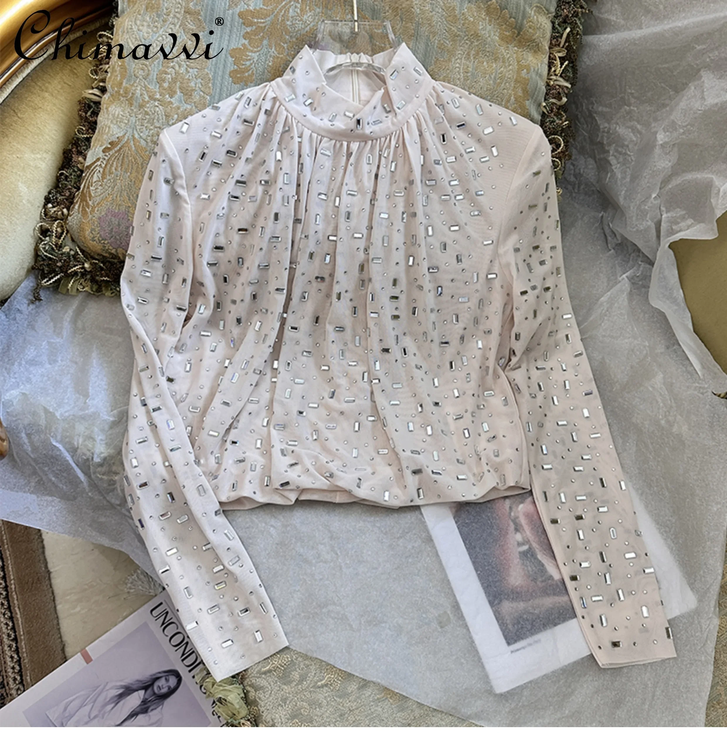 2024 Autumn New Heavy Industry Hot Diamond Long-sleeved T-shirt French Fashion Semi-turtleneck Loose Elegant Party Short Tops