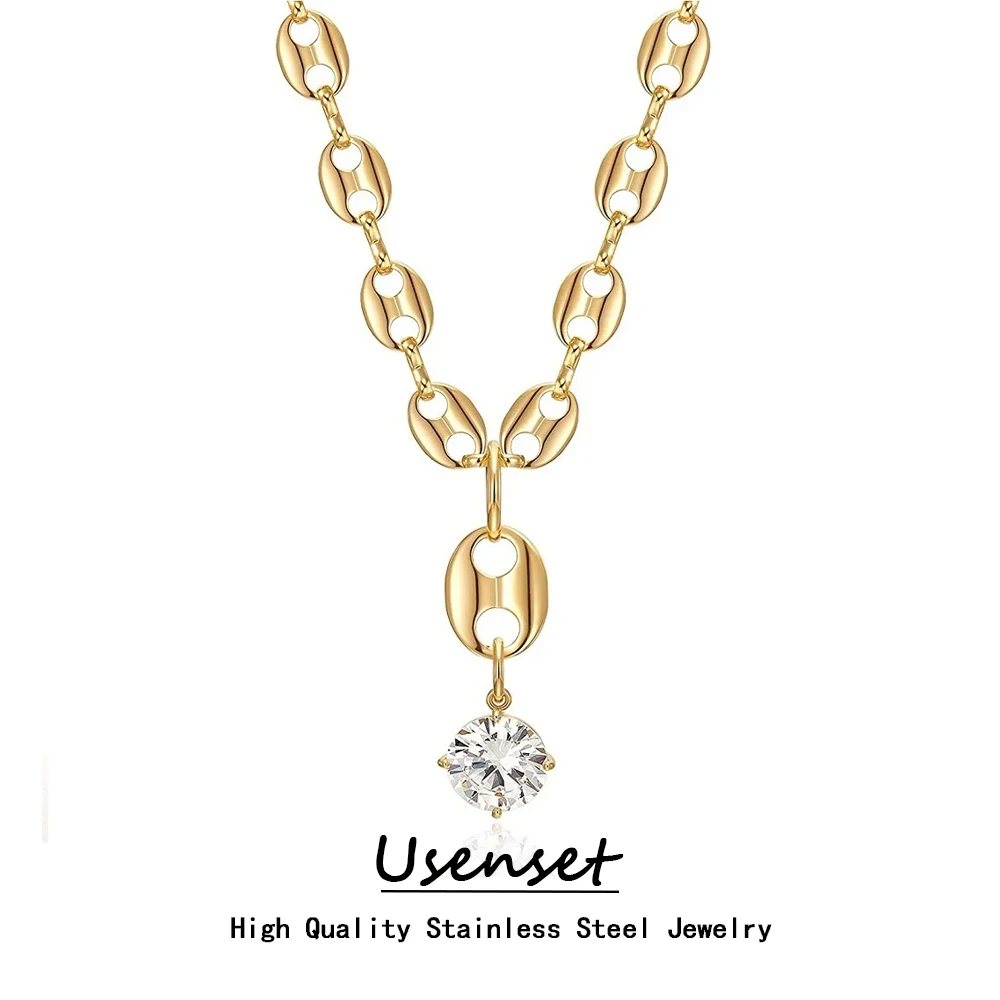 USENSET Stainless Steel Coffee Bean Pig Nose Necklace Earring for Women Shiny Gold Color Zircon Pendant Cute Jewelry Set