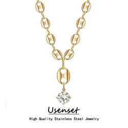USENSET Stainless Steel Coffee Bean Pig Nose Necklace Earring for Women Shiny Gold Color Zircon Pendant Cute Jewelry Set