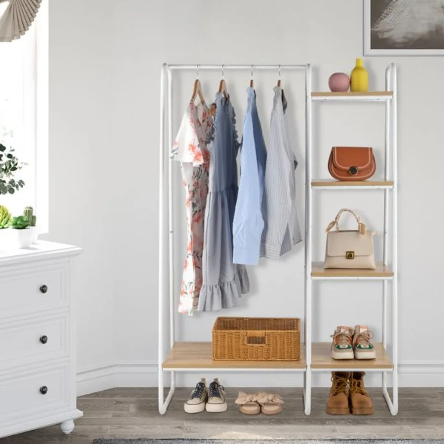 

Clothes Rack with 5 Wood Shelf Freestanding Clothing Rack Garment Rack Standing Metal Sturdy Clothing Rack White
