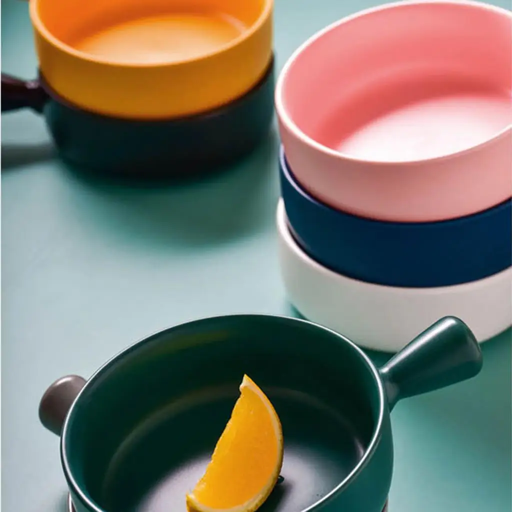 Nordic Round Ceramic Soup Bowl with Handle Soup Baking Pan Baking Bowl Microwave and Oven for Banquet and Daily Use
