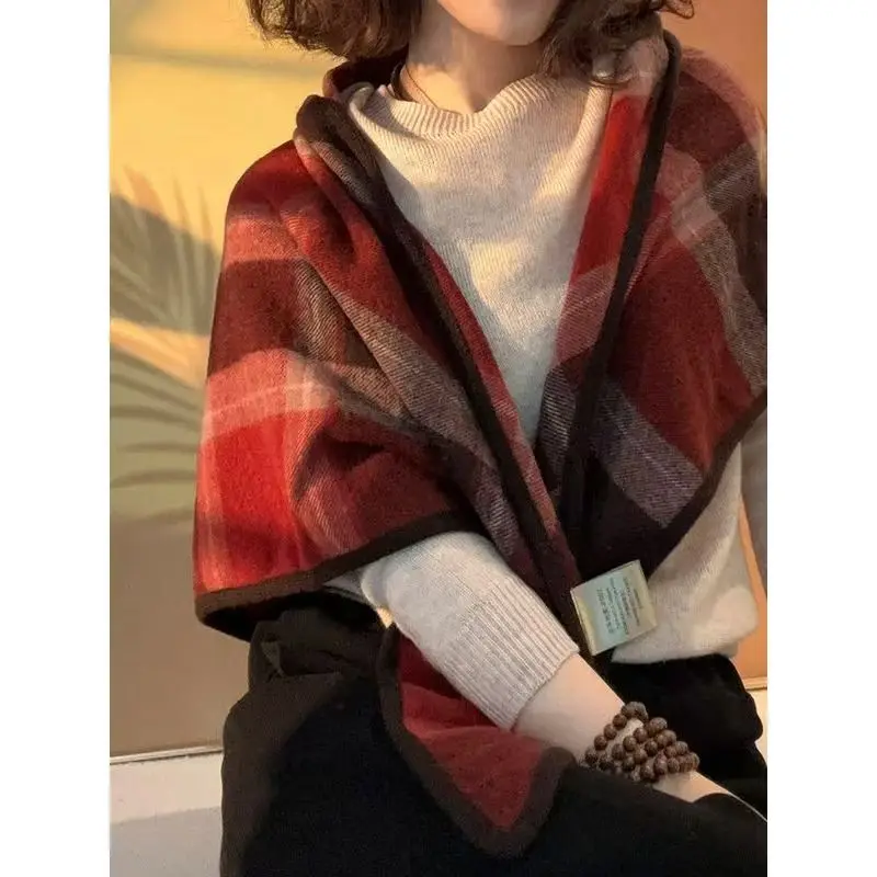 

Женский зимний толстый шарф из чистого кашемира — теплый, длинный, с сетчатым рисунком и помпонами, ветрозащитная накидка для использования на открытом воздухе