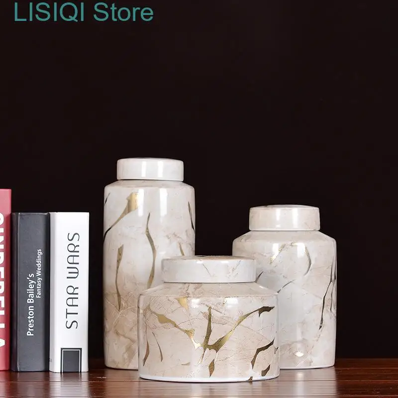 New Ceramic Vase Marbling Storage Jar with Lid Porcelain Ginger Jar Universal Storage Tank Home Decoration Handicraft Ornaments