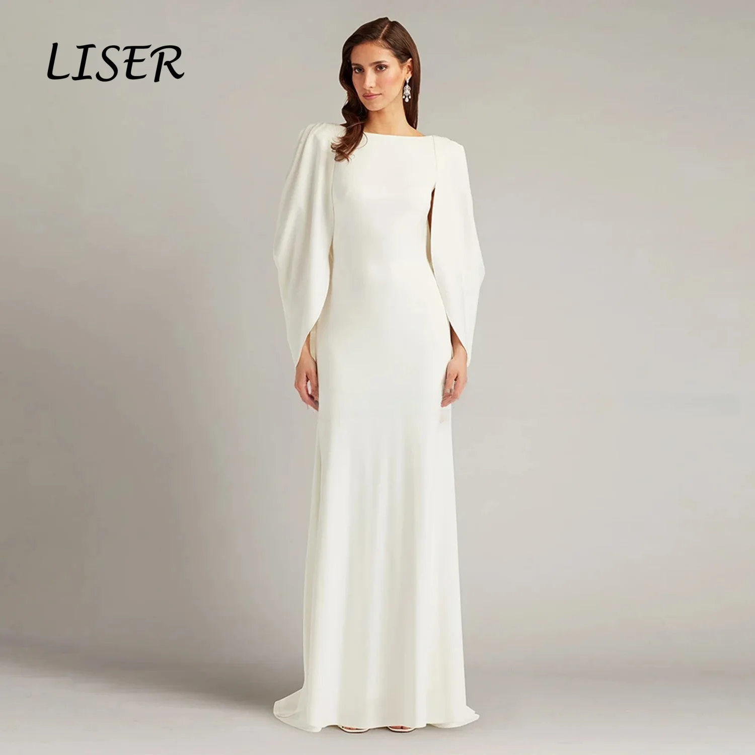 Liser Customized White Boat Neck Split Cape Sleeve Mermaid Maxi Dress Solid Smooth Fabric Slim Fit Elegant Gala Formal Gown 2026