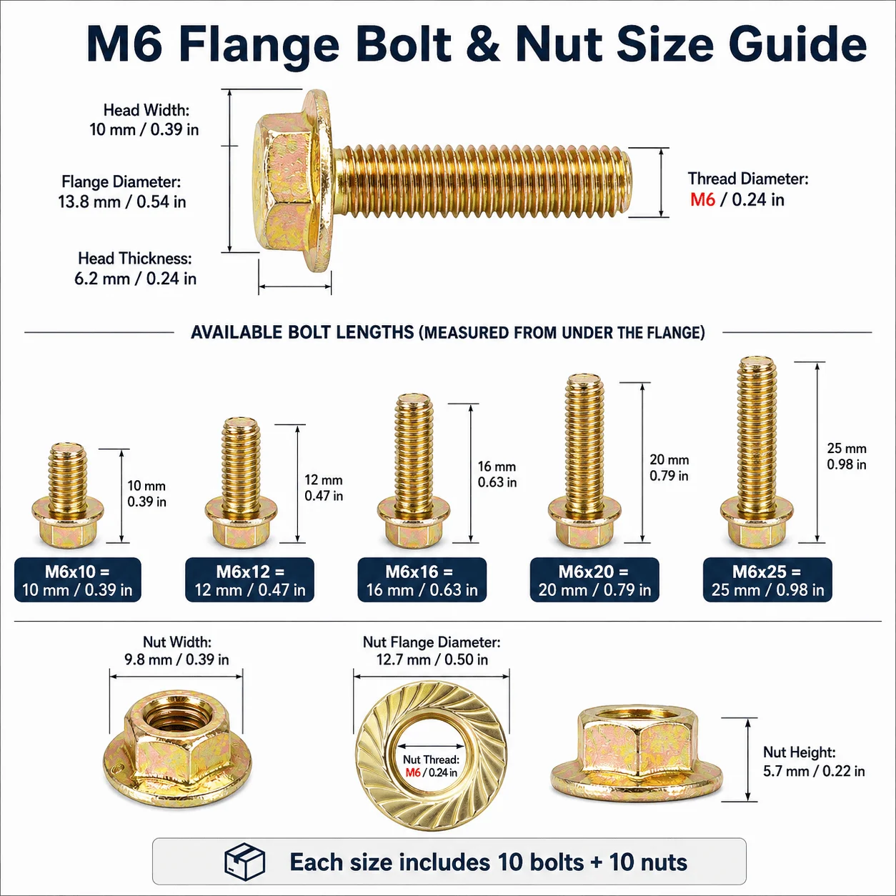M6-20pcs Galvanized Flange Hexagonal Bolt Kit with Nut M6x10~25mm Full Thread Suitable for Household Appliance Maintenance