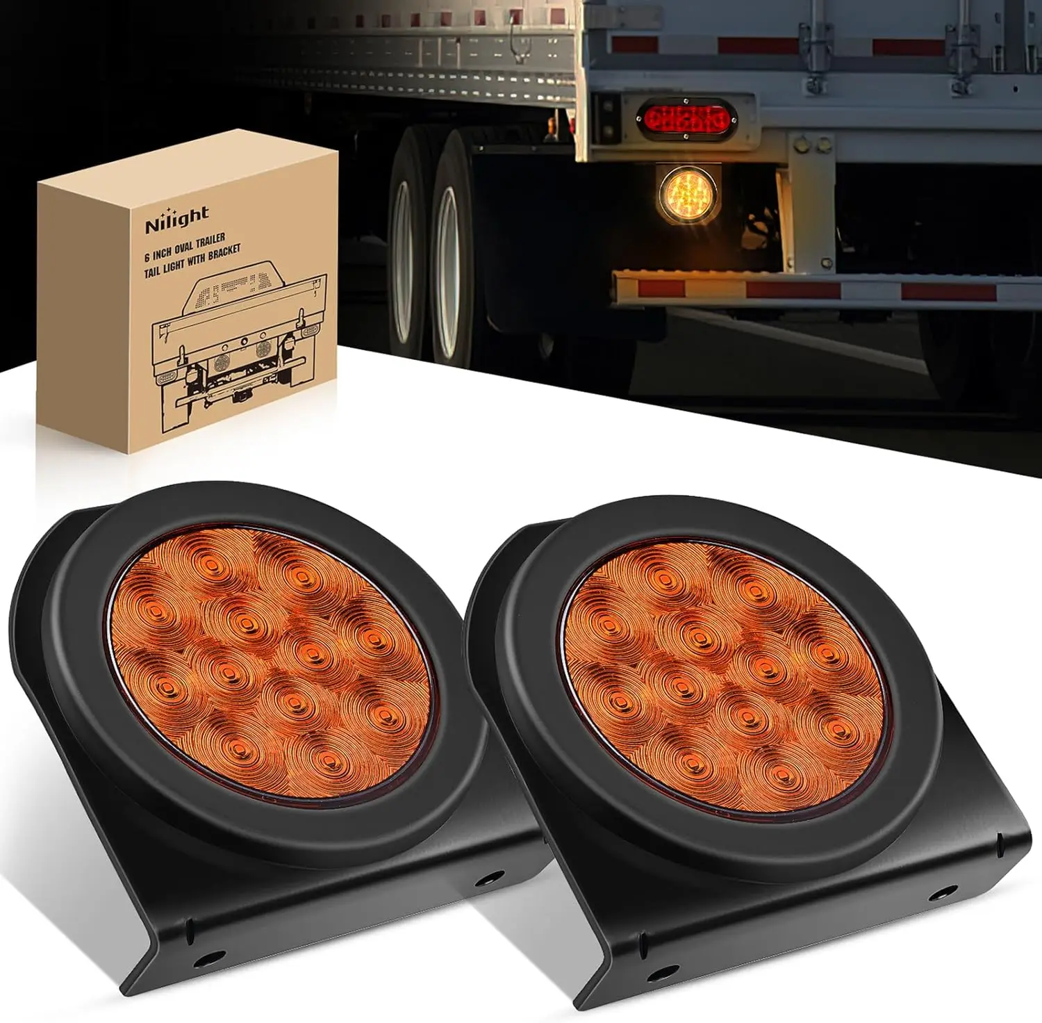 Nilight 4Inch Trailer Tail Light with Flush Mount Grommets Plugs W/Mounting Brackets 2PCS Amber Turn Signals Lights for RV Truck