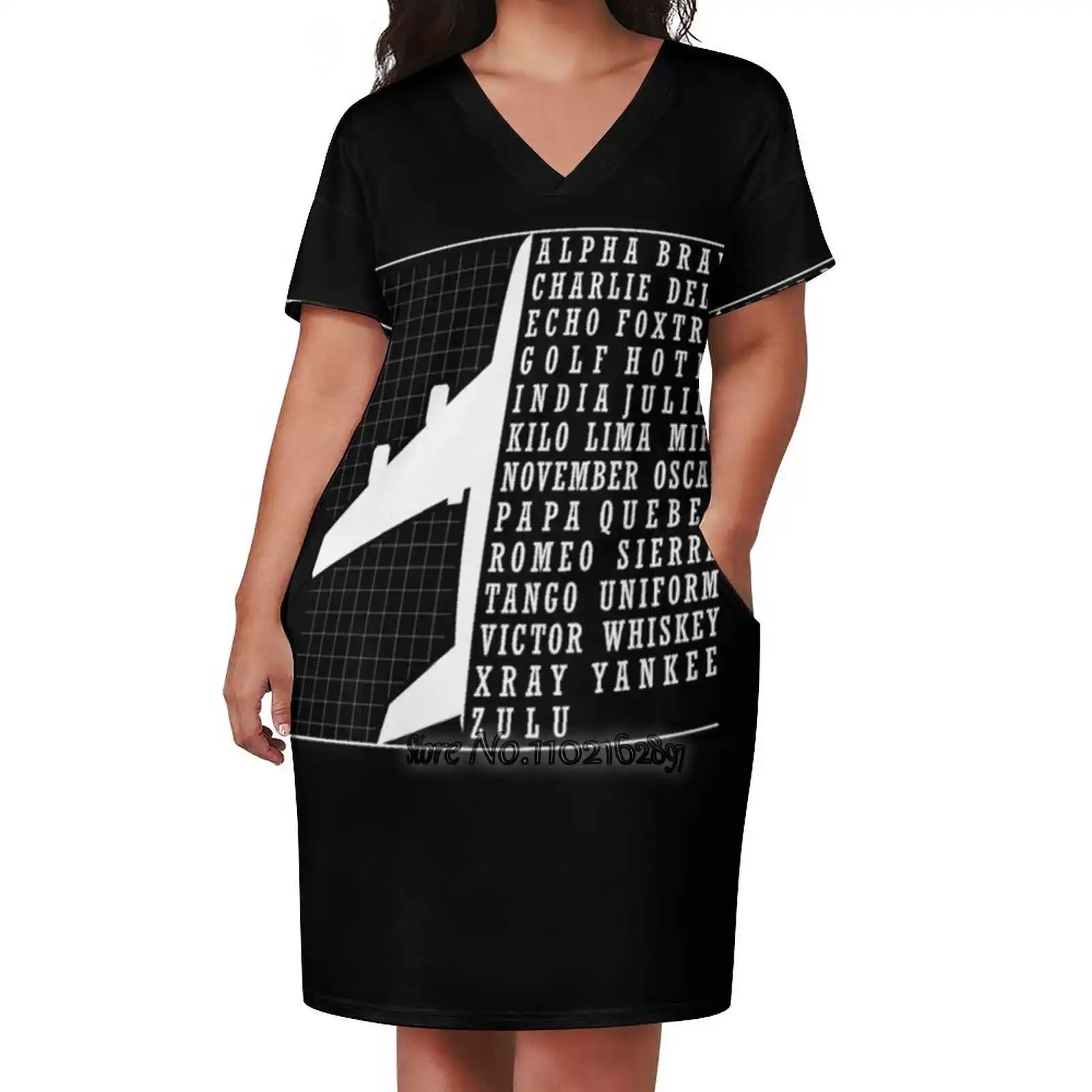 Phonetic Alphabet Airplane Pilot Flying Aviation V-Neck Short Sleeve Dress A-Line Skirt Women'S Clothing Office Lady Elegant