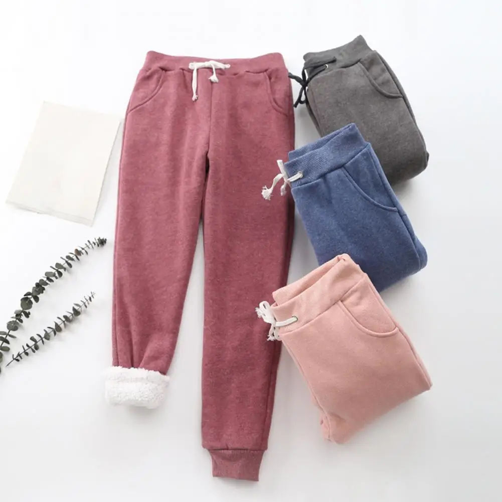 Autumn Winter Solid Women Plush Warm Fleece Wool Pants Casual Loose Drawstring Women High Waist Comfortable Material Sweatpants