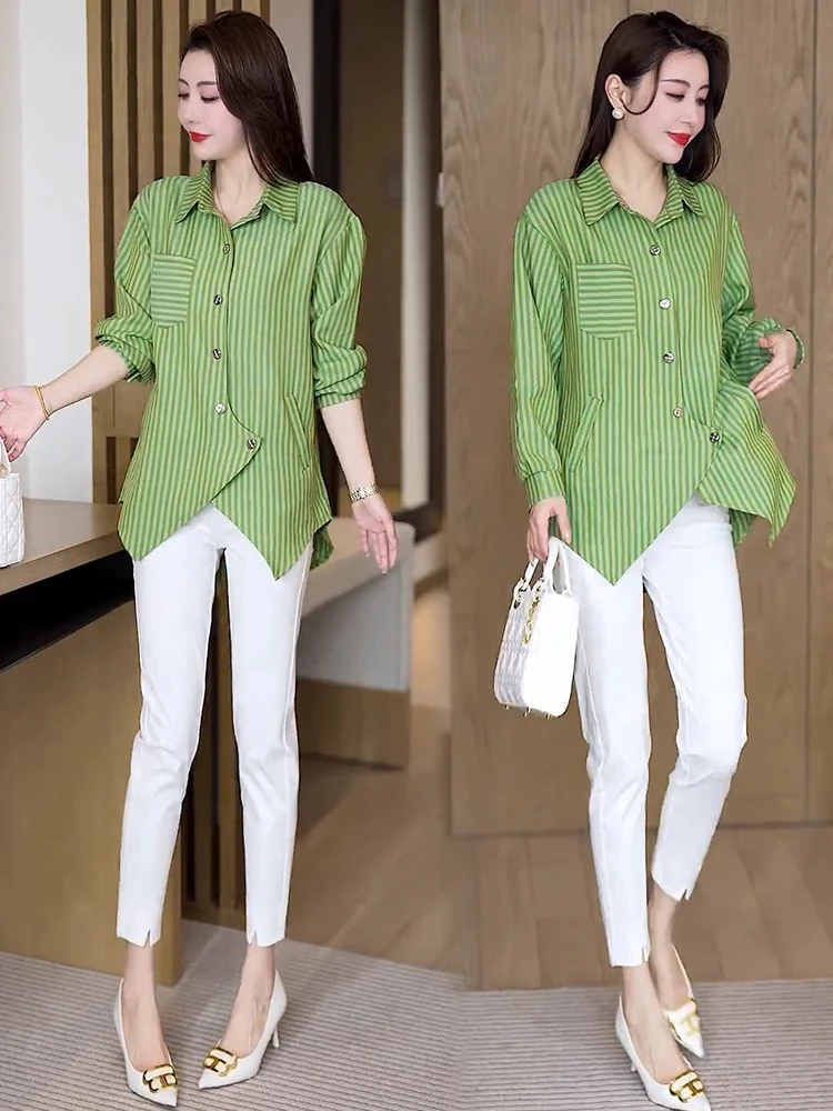 

Модная повседневная женская рубашка с длинным рукавом, весенняя новинка, свободного кроя, стройнящая, универсальная, с пэчворком, воротником и пуговицами