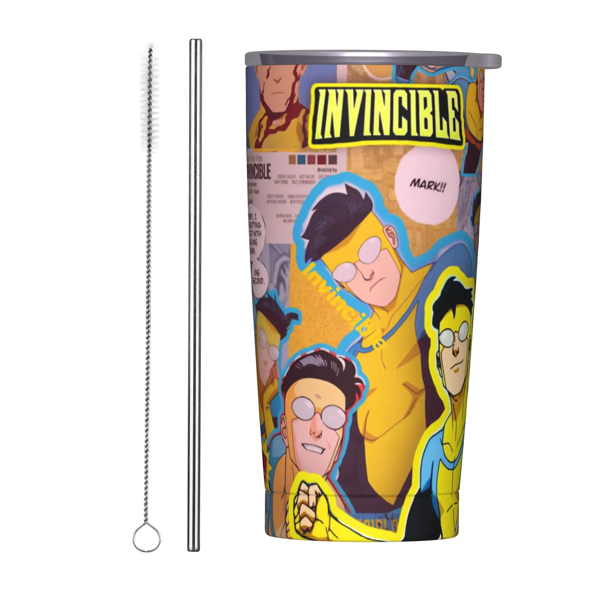 Invincibles Comic Insulated Tumbler with Straws Lid  Vacuum Thermal Mug Double Wall Hot Cold Drinks Cups 20oz