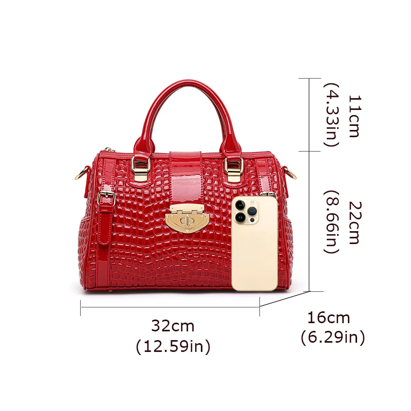 Aidrani Borsa Boston con coda di coccodrillo rossa, borsa in vera pelle da donna alla moda, borsa a tracolla singola in pelle di vacchetta