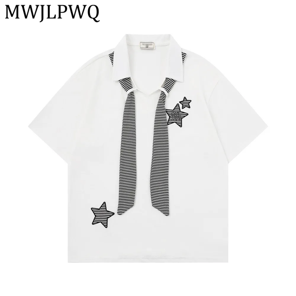 

MWJLPWQ Embroidered Striped Tie-Neck Short-Sleeve T-Shirt For Men American Street Lapel Design Fashion Loose Casual Tops 16629