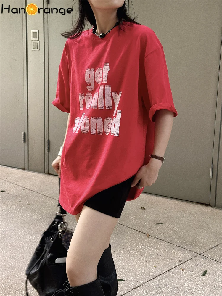 HanOrange Women's Summer Cotton Letter Print Drop Shoulder T-shirt Fashion Street Style O-neck Loose Half Sleeve Tees Red/Gray