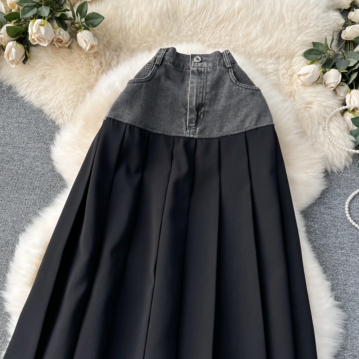 Design Denim Long Skirt For Women Color Contrast Stitching Heavy Elastic Waist  Pleated Patchwork A-Line Jeans Skirt Clothing