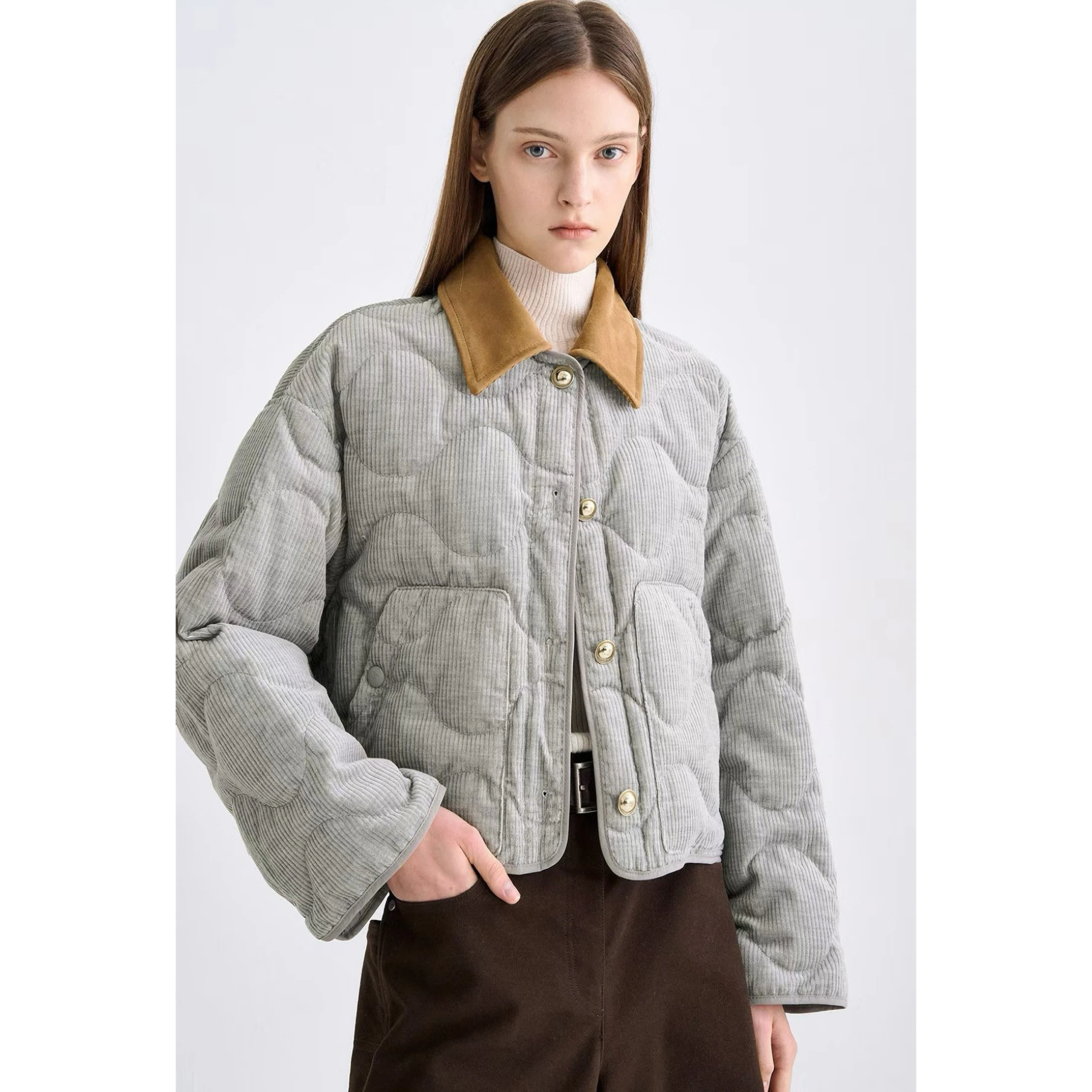 

ort Goose down Jaet Lemon Cheese TIM25 Autumn Casual Faion Suede Collar Patchwork Gourd Pattern Corduroy Women's Coat