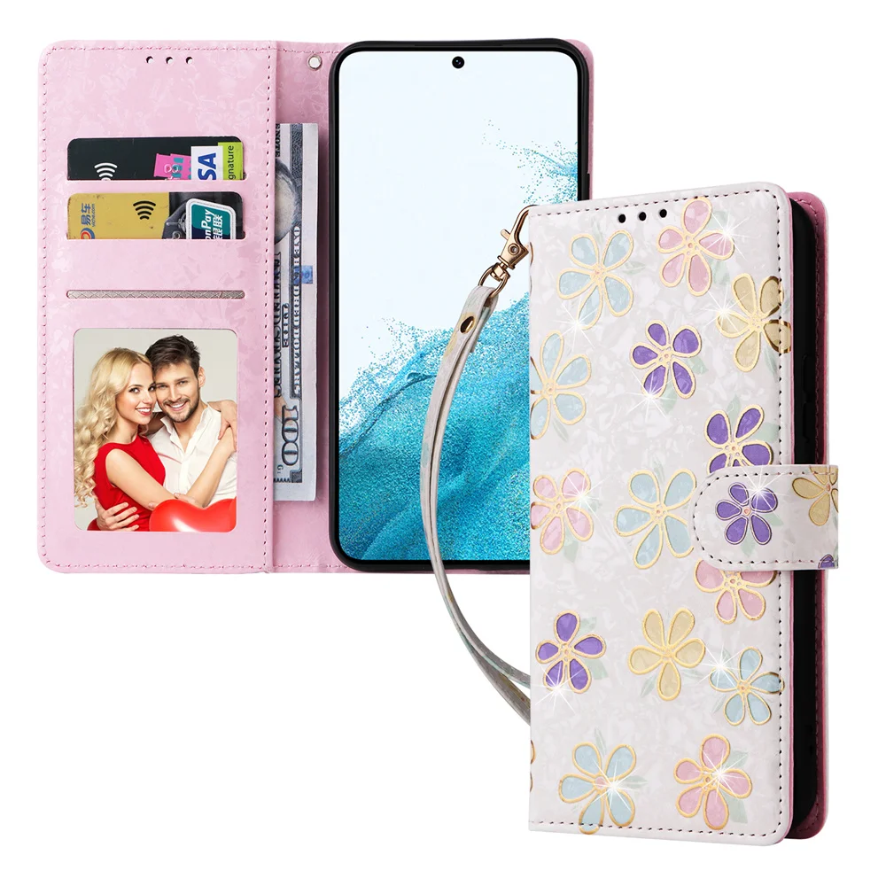 Capa de couro padrão de flor dourada de luxo, capa flip para Galaxy A12, A13, A14, A22, A23, A24, A32, A33, A34, A51, A52, A53, A54, A74, a04, A05