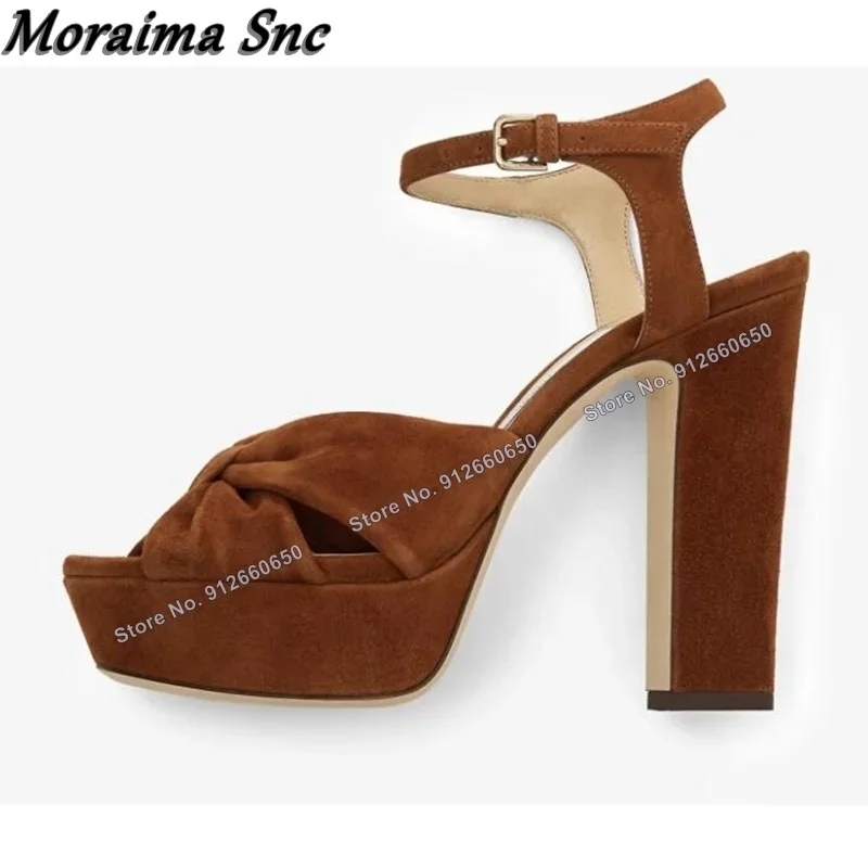 모라이마 Snc 브라운 솔리드 스웨이드 플랫폼 샌들, 블루 청키 힐 앵클 버클 샌들, 하이힐 웨딩 슈즈