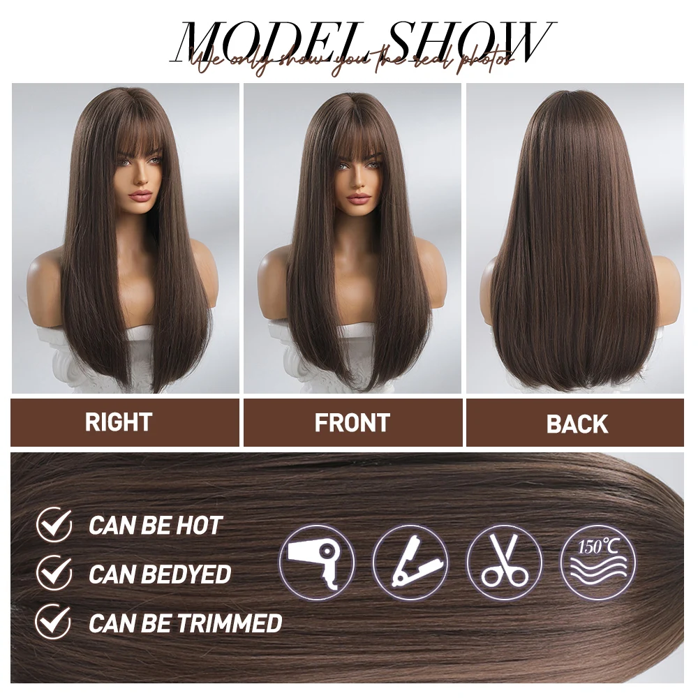 oneNonly Synthetic Wigs Long Straight Brown Wig with Bangs for Women Cosplay Daily Natural Hair Heat Resistant