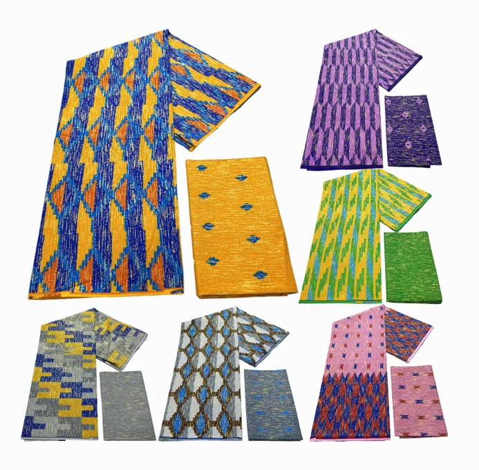 

4+2 Yards African Ankara Golden Real wax Fabric 100% Cotton Kente Nigeria Ghana Style For Women DIY Dress Cloth Sewing Materials