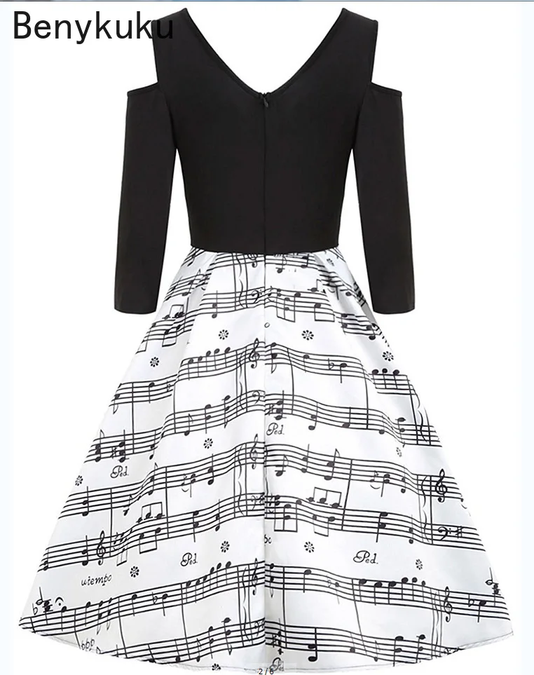 Music Note Print V-neck Vintage Dress Summer Long Sleeve Rockabilly Pin Up Party Dress Women Sexy Cold Shoulder Womens Clothing