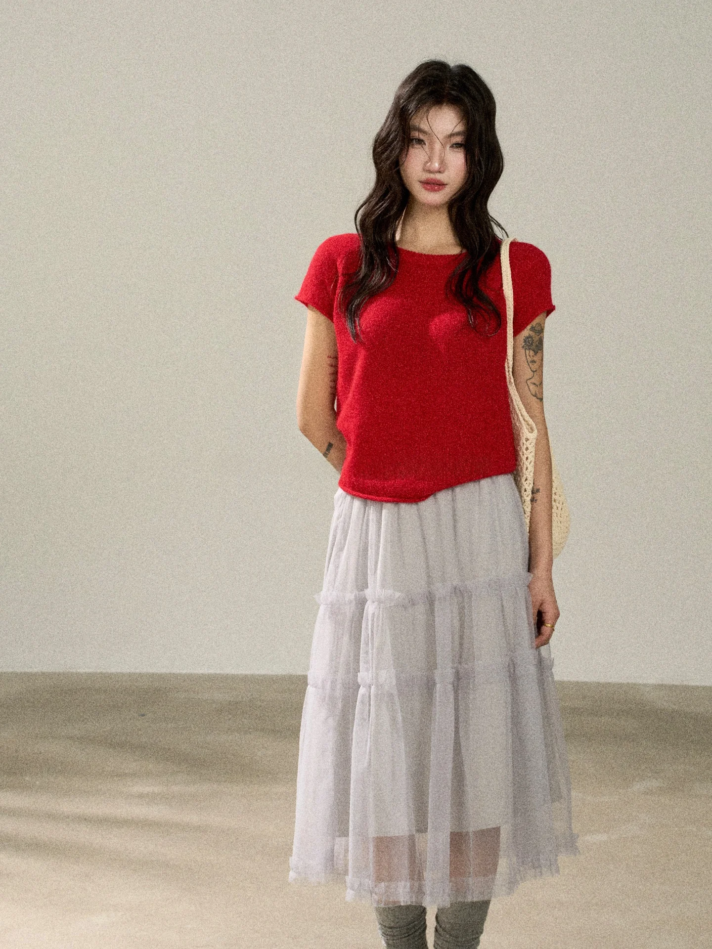 

Korean Style round Neck Knitted Short Sleeve Pure Color Slimming T-Shirt Simple Casual Wool Blend Women's Top Flower7
