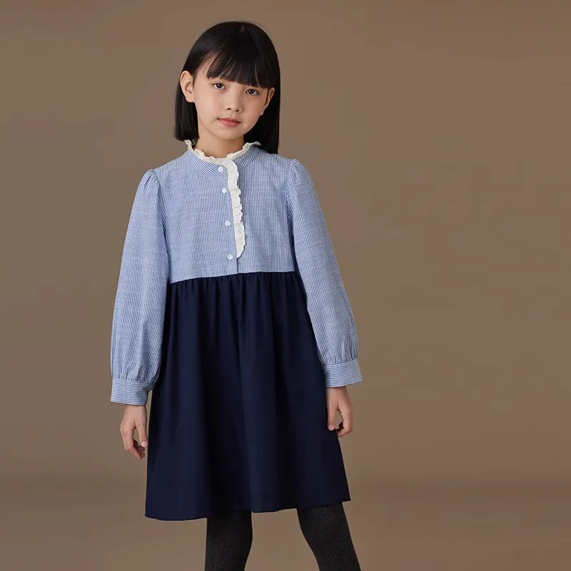 

Female Child Clothes Fashion Girls Dresses Birthday Navy Bluey 2024 Winter New American Casual Style Stand-up Collar Velvet