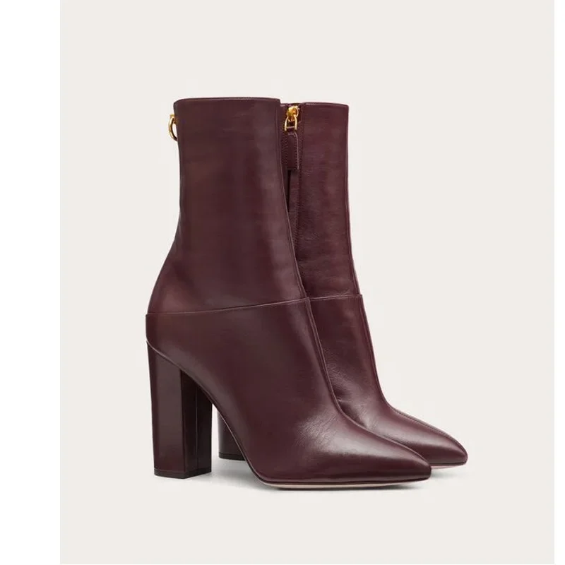 

Burgundy Pointed Toe Thick Heel Boots Woman Winter 2025 Sexy Square Heel Side Zipper Ankle Boots Fashion Shoes