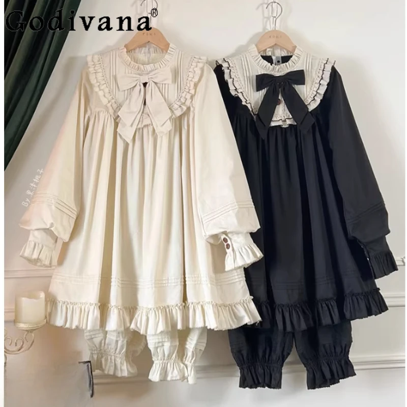 

Japanese Sweet Lolita Suit Skirt Women's Autumn New Bow Peter Pan Collar Long Sleeve Loose Shirt Dress Shorts Two-piece Sets