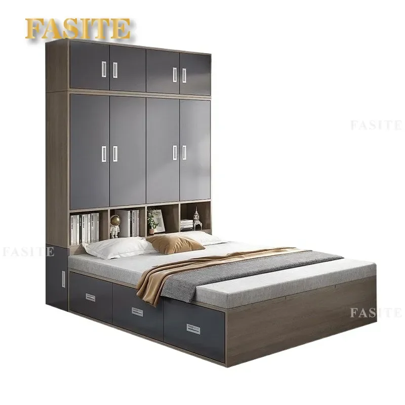 Solid Wood Murphy Bed with Wardrobe Cabinet Integrated Storage System Space Saving Wall Bed for Small Apartment Kids Room