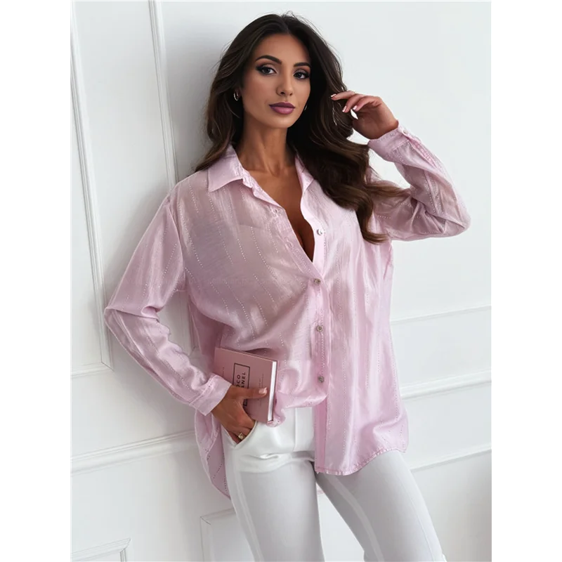 

AG-Women's Sheer Mesh Button Down Shirt Top Long Sleeve Solid Color Hot Diamond Blouse