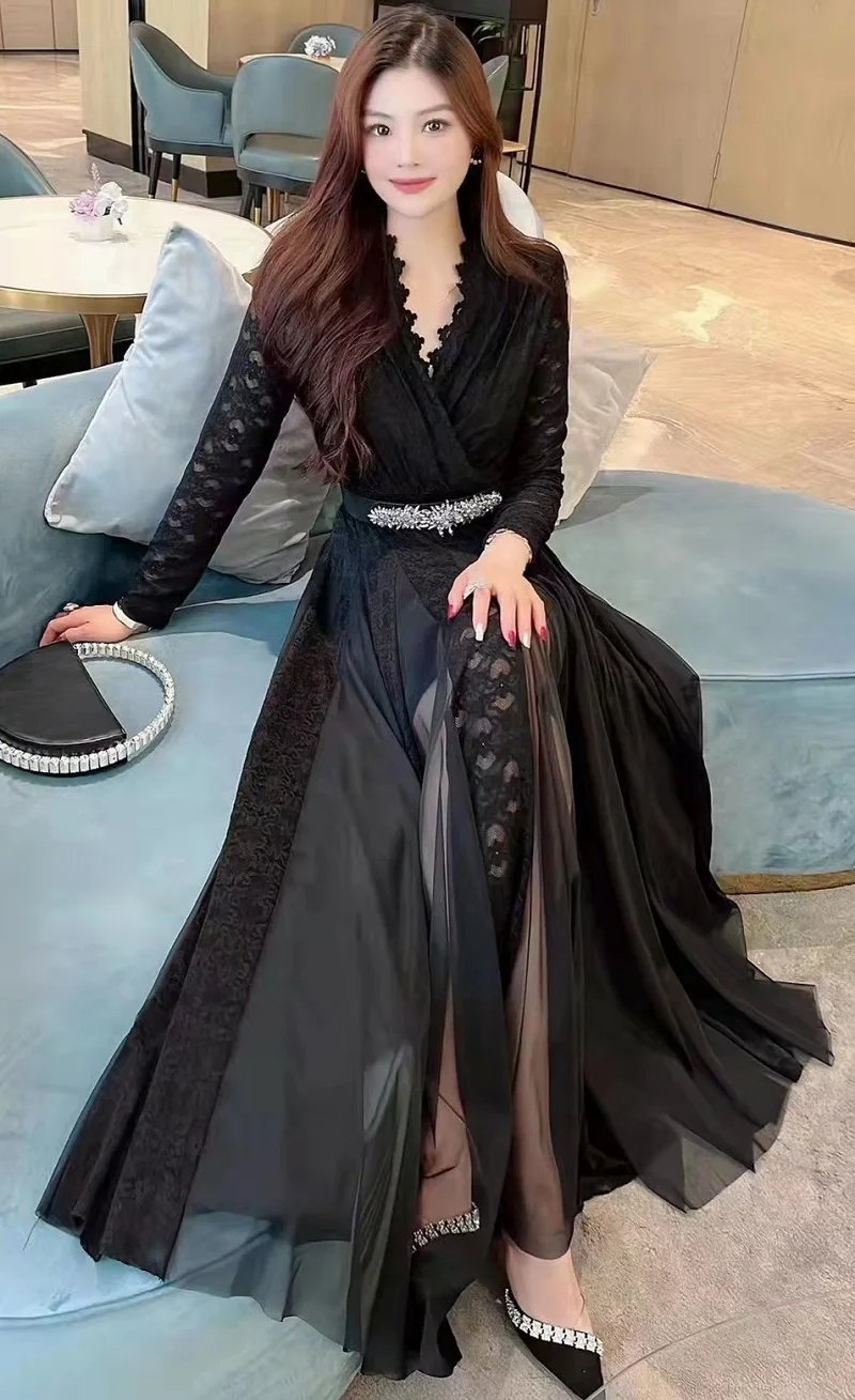 Top Quality New 2023 Spring Long Dress Evening Party Women scollo a v Lace Tulle Mesh Patchwork manica lunga Black Maxi Dress Luxury