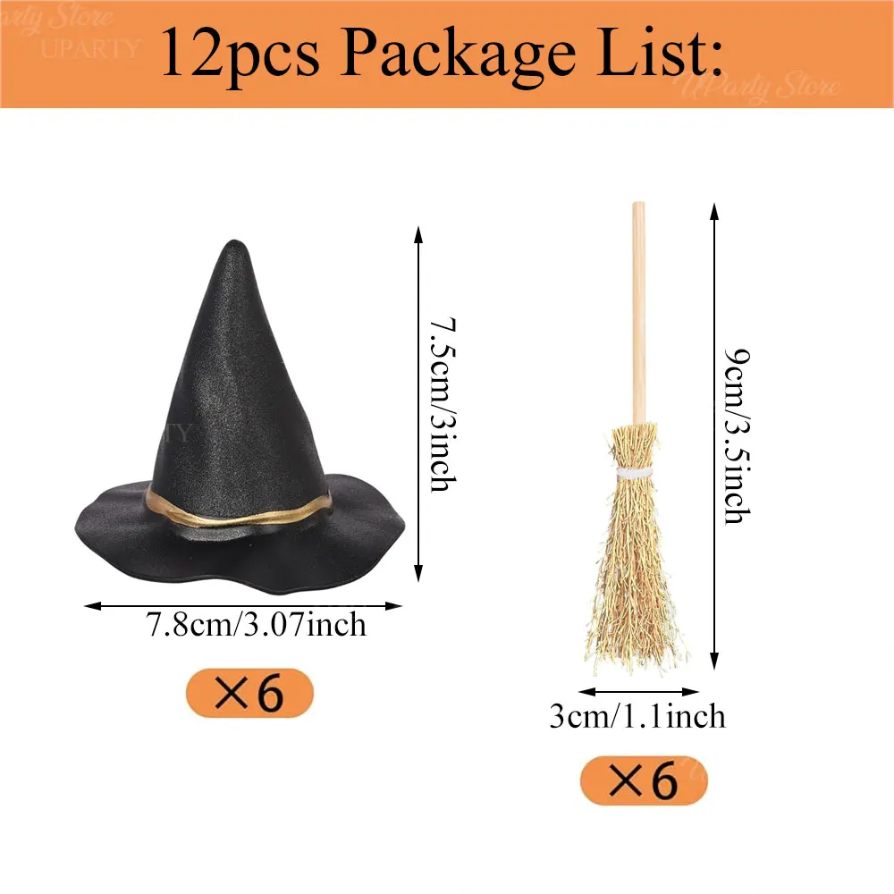 12 Stück Halloween Hexenhut Cupcake Topper Harz Hexenhüte Besen Kuchen Topper für Zauberer Geburtstag Happy Halloween Kuchen Dekor Favo – Detail 2